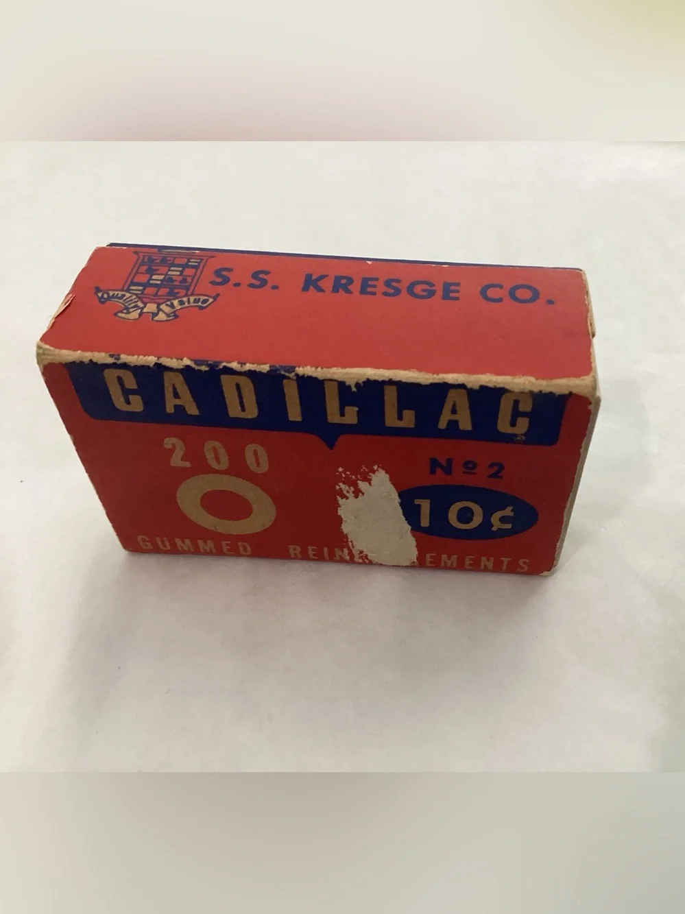 Vtg. 1950s Cadillac No. 2 brand reinforcements gummed box from S.S. Kresge Co.
